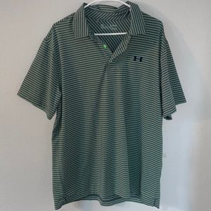 Under armor, heat gear, polo, grey striped, short sleeve, golf shirt, loose fit